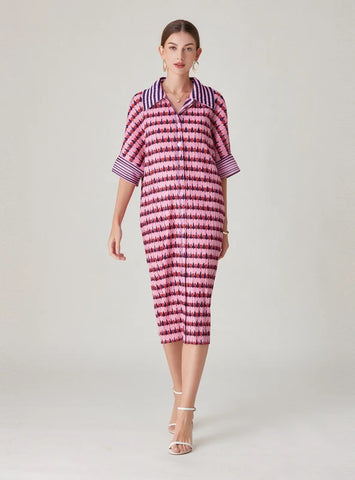 Printed Pleated Single-breasted Long Dress