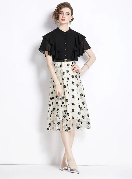 RETRO BLACK MOSAIC FLORAL SHORT SLEEVE DRESS