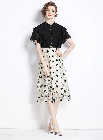 RETRO BLACK MOSAIC FLORAL SHORT SLEEVE DRESS