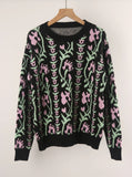 Jacquard Branch Round Neck Flower Sweater