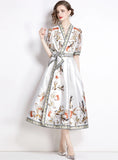 VINTAGE PALACE STYLE PRINTED V-NECK BIG SWING DRESS