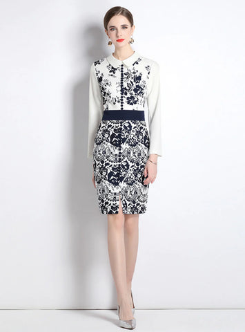 SINGLE-BREASTED STITCHING SLIM PRINT DRESS