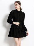 HOLLOW COTTON LACE-UP LONG SLEEVE DRESS