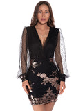 SEXY MESH LONG SLEEVE SEQUINED DRESS