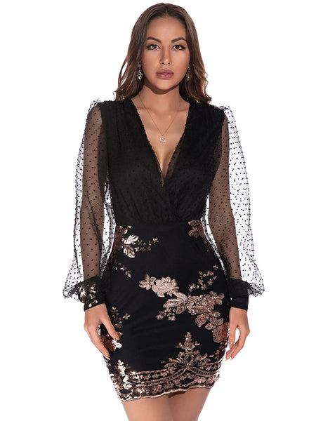 SEXY MESH LONG SLEEVE SEQUINED DRESS
