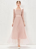 LONG SLEEVE LACE PLEATED GAUZE DRESS