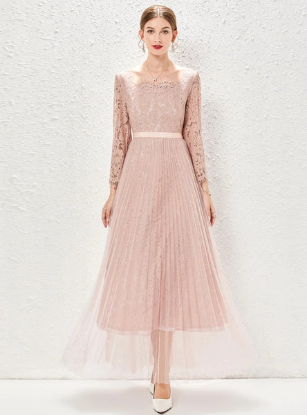 LONG SLEEVE LACE PLEATED GAUZE DRESS