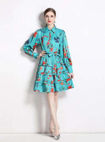 LAPEL PUFF SLEEVE RUFFLED PRINTED DRESS