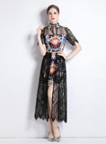 LACE STITCHING PRINTED SHORT SLEEVE DRESS