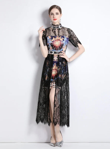 LACE STITCHING PRINTED SHORT SLEEVE DRESS