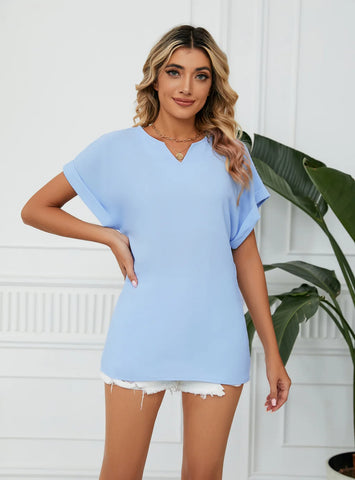 SOLID COLOR V-NECK SHORT SLEEVE CHIFFON SHIRT
