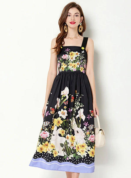 PRINTED SUSPENDER SLEEVELESS DRESS