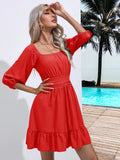 RUFFLED SQUARE COLLAR SHORT SLEEVE DRESS