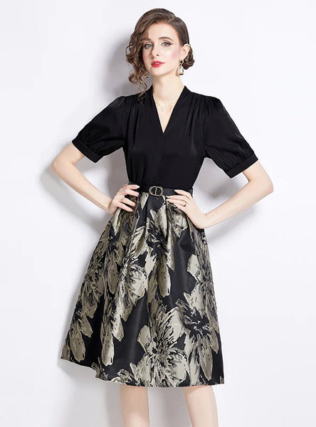 RETRO JACQUARD V-NECK SHORT-SLEEVED DRESS