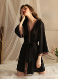 FASHION ICE SILK LONG SLEEVE SILK LACE NIGHTGOWN