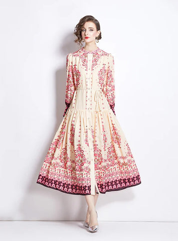 RETRO LANTERN SLEEVE PRINTED LONG SLEEVE DRESS