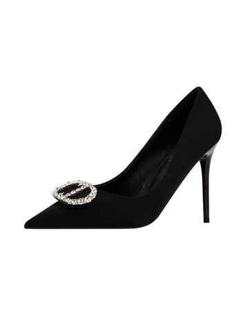 HIGH HEEL POINTED RHINESTONE METAL BUCKLE SHOES