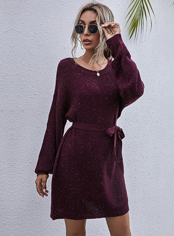 STYLISH LOOSE SOLID LACE-UP LONG SWEATER DRESS
