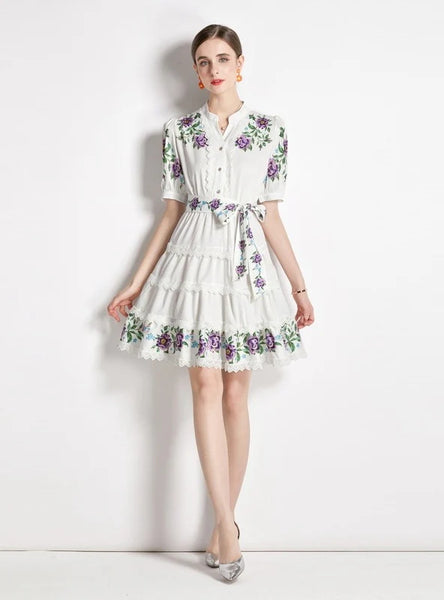 V-NECK BUBBLE SLEEVE LACE PRINT DRESS