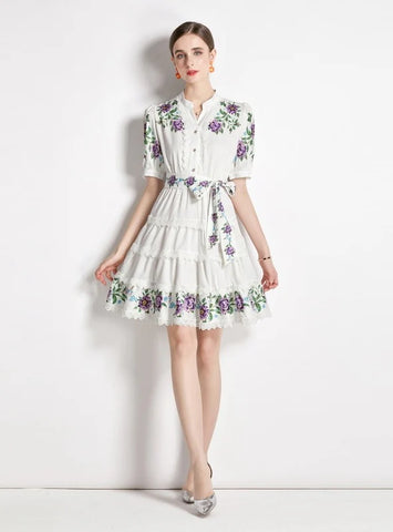 V-NECK BUBBLE SLEEVE LACE PRINT DRESS