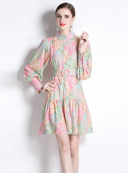 STITCHING PRINTED LONG SLEEVE SLIM RETRO DRESS