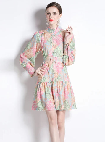 STITCHING PRINTED LONG SLEEVE SLIM RETRO DRESS