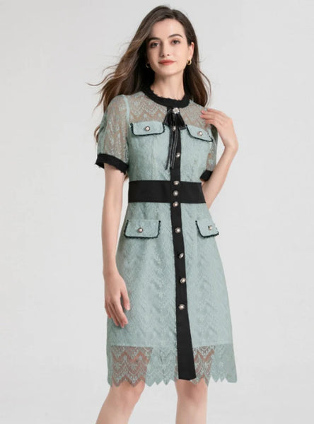 LACE SLIM WAIST SHORT SLEEVE DRESS