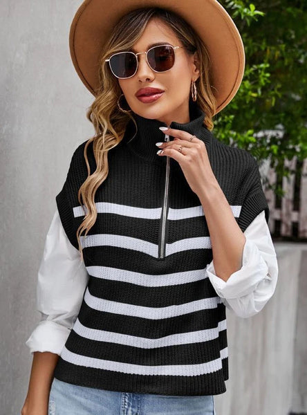 CLASSY LOOSE SLEEVELESS ZIPPER STRIPED KNIT VEST