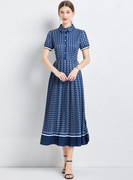 PLEATED SHIRT COLLAR SHORT SLEEVE DRESS