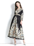 LONG SLEEVE V-NECK PRINTED LONG DRESS