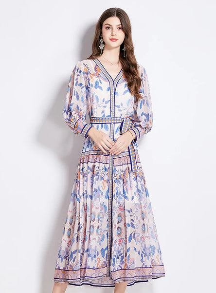 CHIFFON V-NECK LANTERN SLEEVE PRINTED DRESS