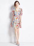 V-NECK SLIM WAIST FLORAL DRESS