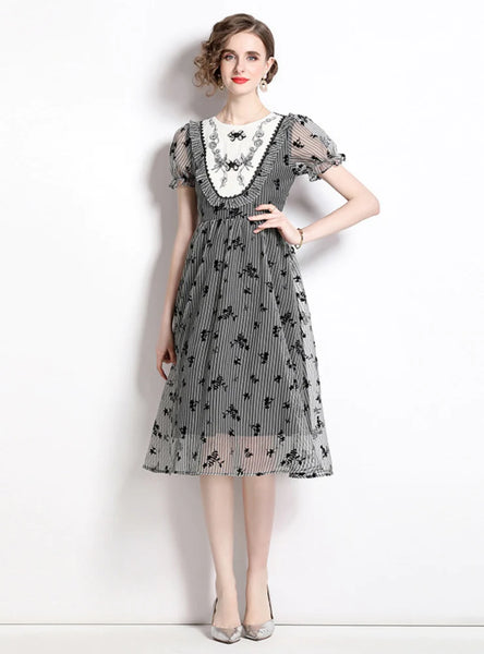 A-LINE PRINT PUFF SLEEVE DRESS