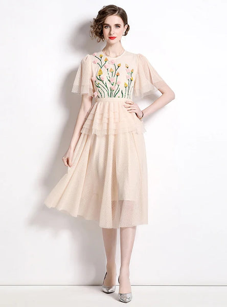 HEAVY MESH STITCHING BEADED FLOWER DRESS
