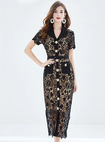 SINGLE-BREASTED SHORT SLEEVE LACE DRESS