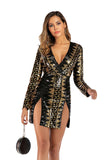 DEEP V-NECK LONG SLEEVE SPLIT SEQUINED DRESS