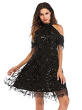 SEXY HALTER FRINGED SEQUINED DRESS