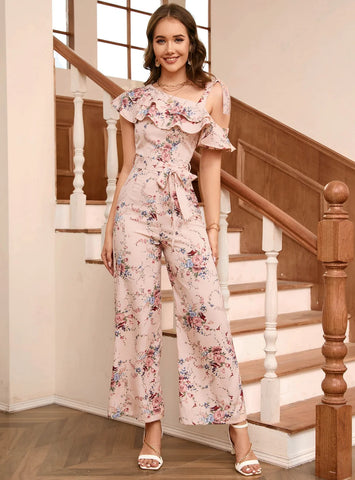 PRINTED DIAGONAL SHOULDER FLOUNCE JUMPSUIT