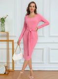 LONG-SLEEVED SPLIT PIT SOLID COLOR DRESS
