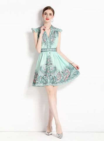 V-NECK FLYING SLEEVE PRINTED DRESS