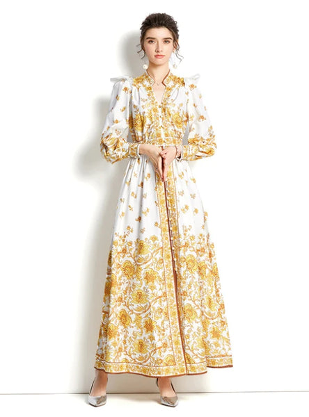 V-NECK LANTERN SLEEVE PRINTED PALACE STYLE DRESS
