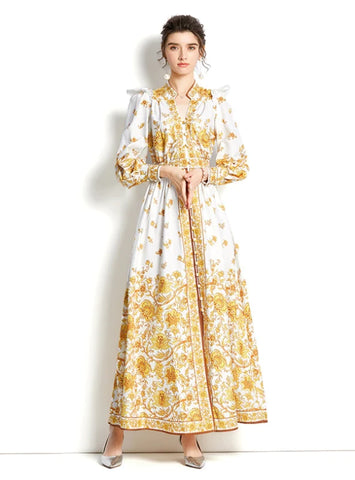 V-NECK LANTERN SLEEVE PRINTED PALACE STYLE DRESS