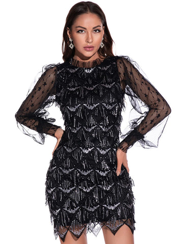 SEXY MESH LONG SLEEVE SEQUINED DRESS