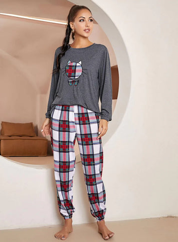 CLASSY PLAID LONG SLEEVE HOME PAJAMAS SUIT