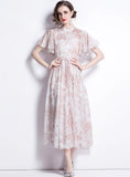 DRAWSTRING SLIM PRINT SHORT SLEEVE DRESS