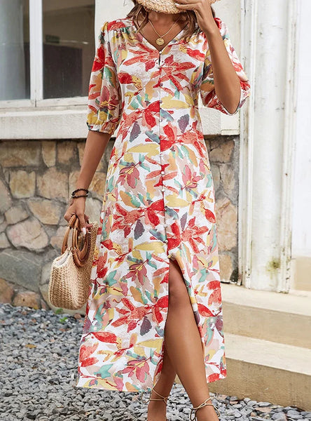 BUTTON V-NECK FLORAL PRINT DRESS
