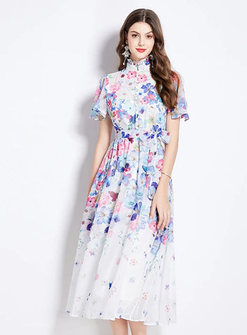 LOTUS LEAF FLORAL COLOR SHORT SLEEVE DRESS