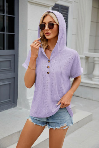 SOLID COLOR BUTTON HOODED LOOSE SHORT SLEEVE T-SHIRT