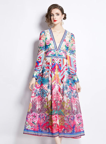 V-NECK PRINTED LONG-SLEEVED BIG SWING DRESS