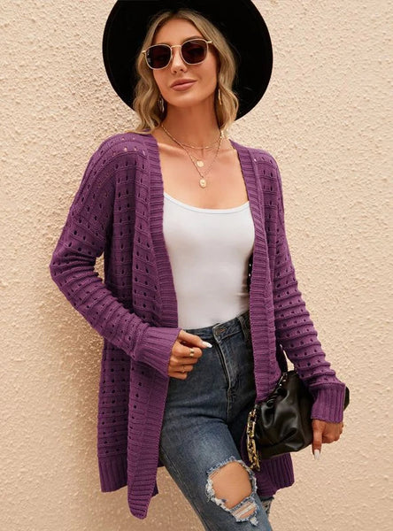 STYLISH SOLID COLOR HOLLOW KNIT CARDIGAN SWEATER COAT